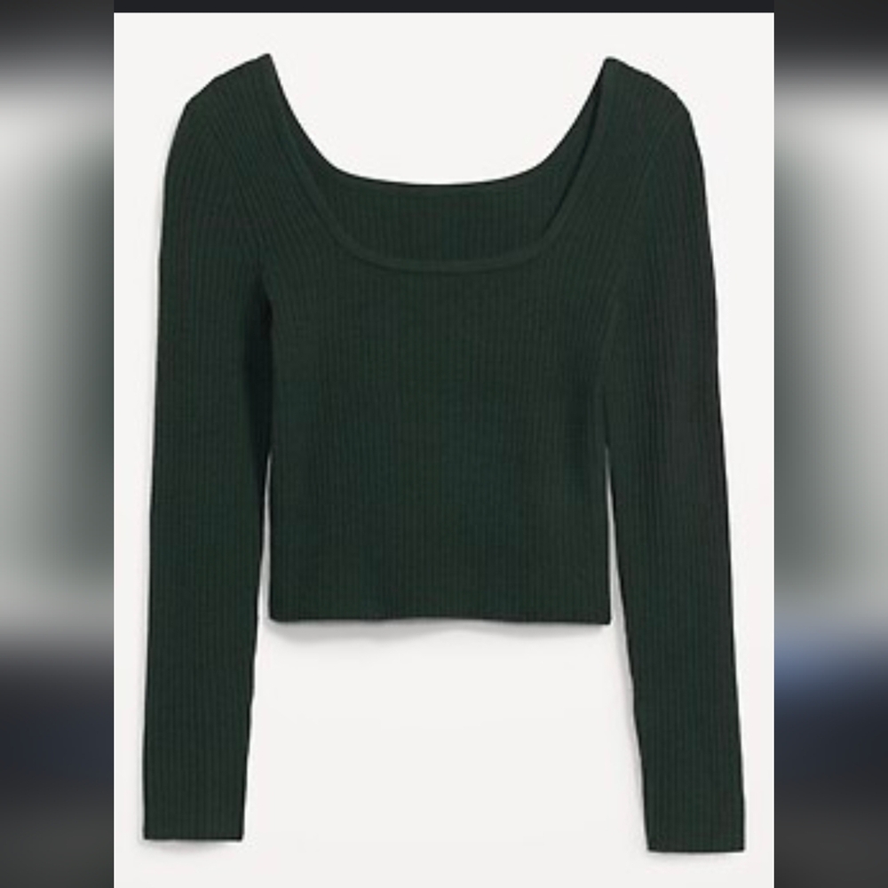 Old Navy Fitted Cropped Square-Neck Rib-Knit Sweater in Dark Green XS